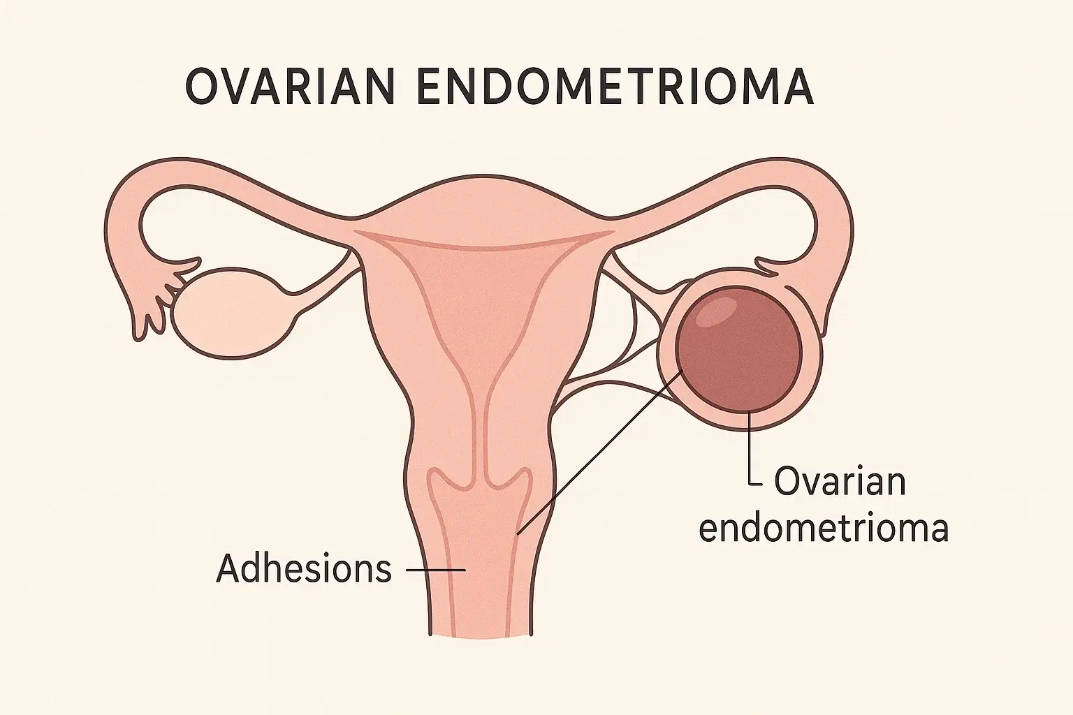 Diagram of a chocolate cyst with surrounding adhesions.