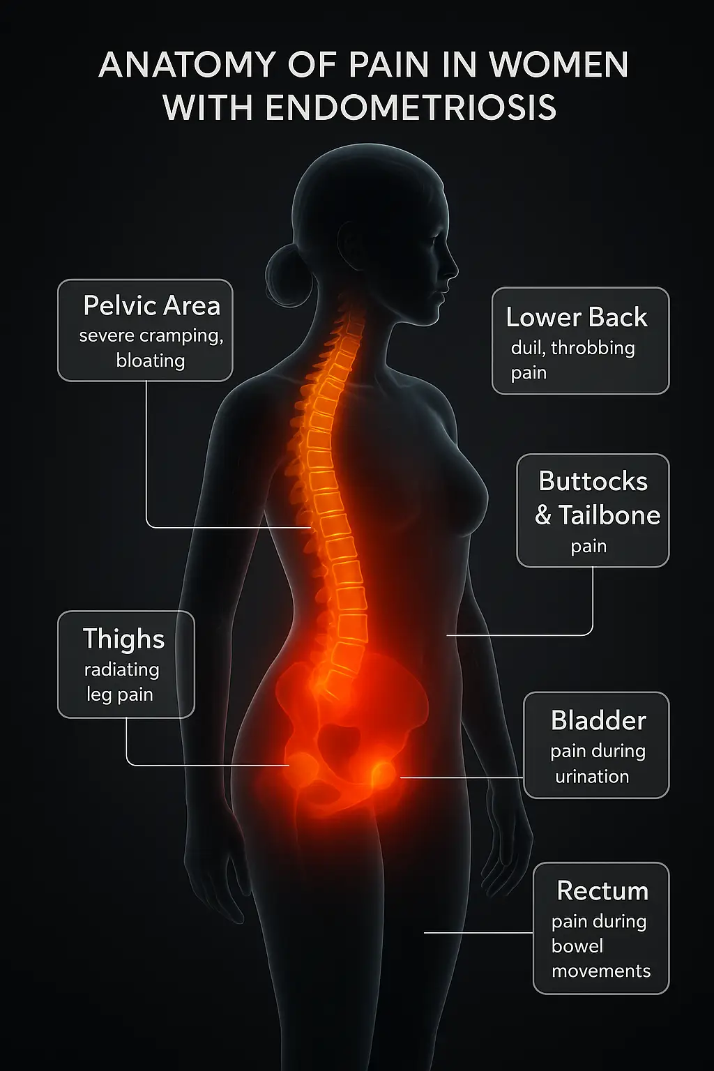 Symptom map showing common pain areas in endometriosis.