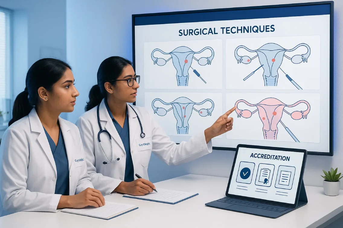 Clean hospital research environment with gynecologists reviewing laparoscopic techniques and accreditation certificates displayed digitally.