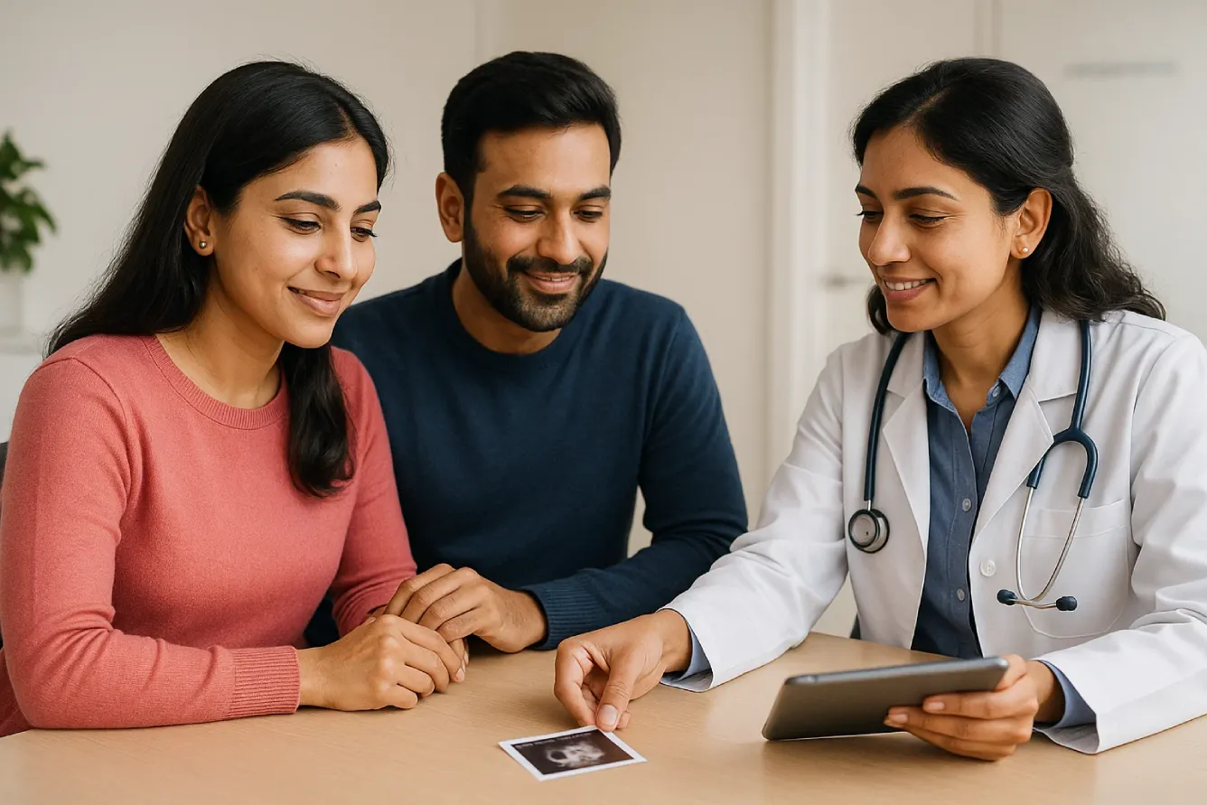 Couple sharing a soft smile with their gynecologist, acknowledging a fertility milestone after endometriosis care.