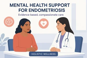 Doctor and woman in a calm consultation setting, symbolizing holistic medical and counseling care for endometriosis mental health.