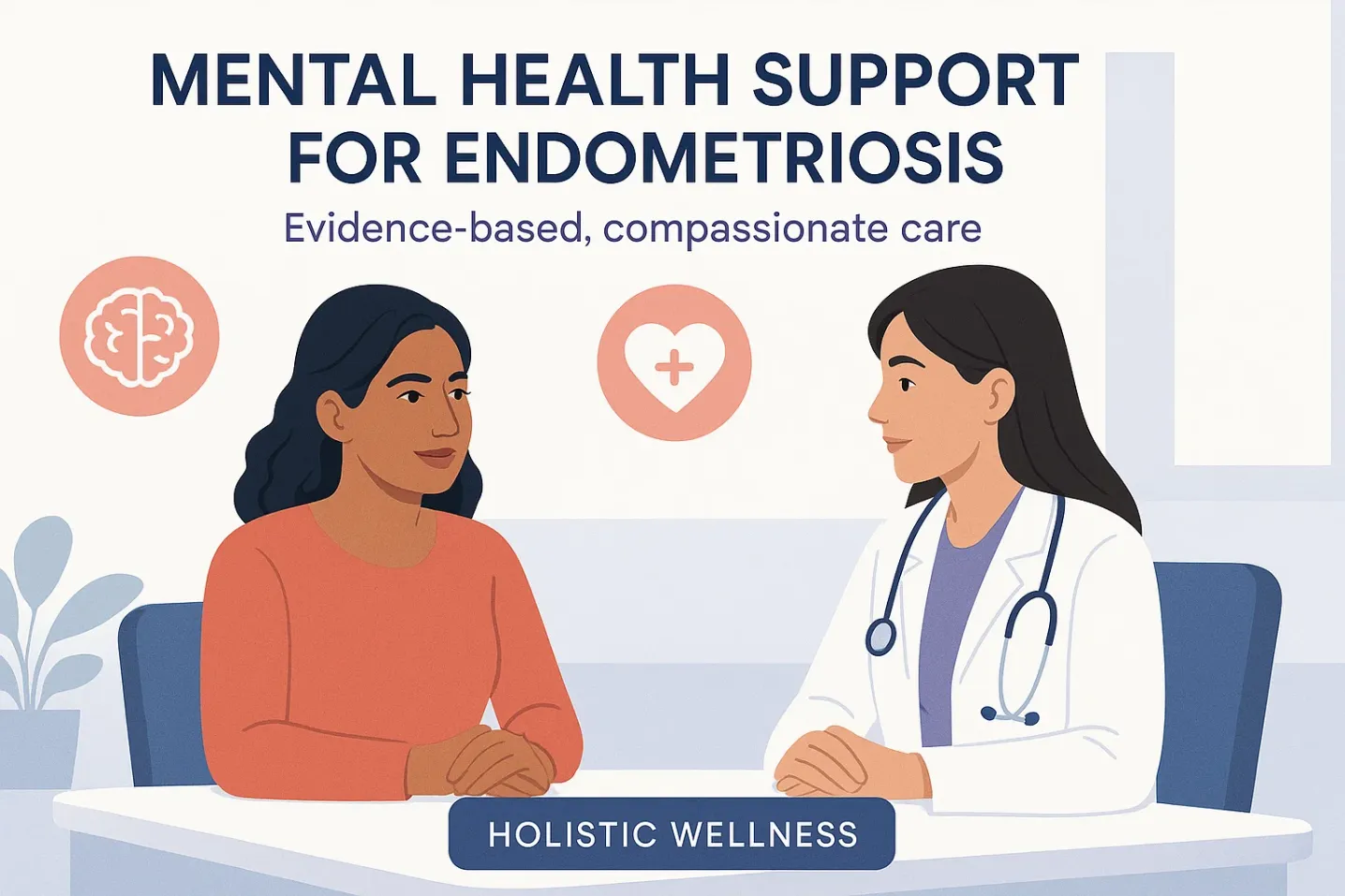 Doctor and woman in a calm consultation setting, symbolizing holistic medical and counseling care for endometriosis mental health.