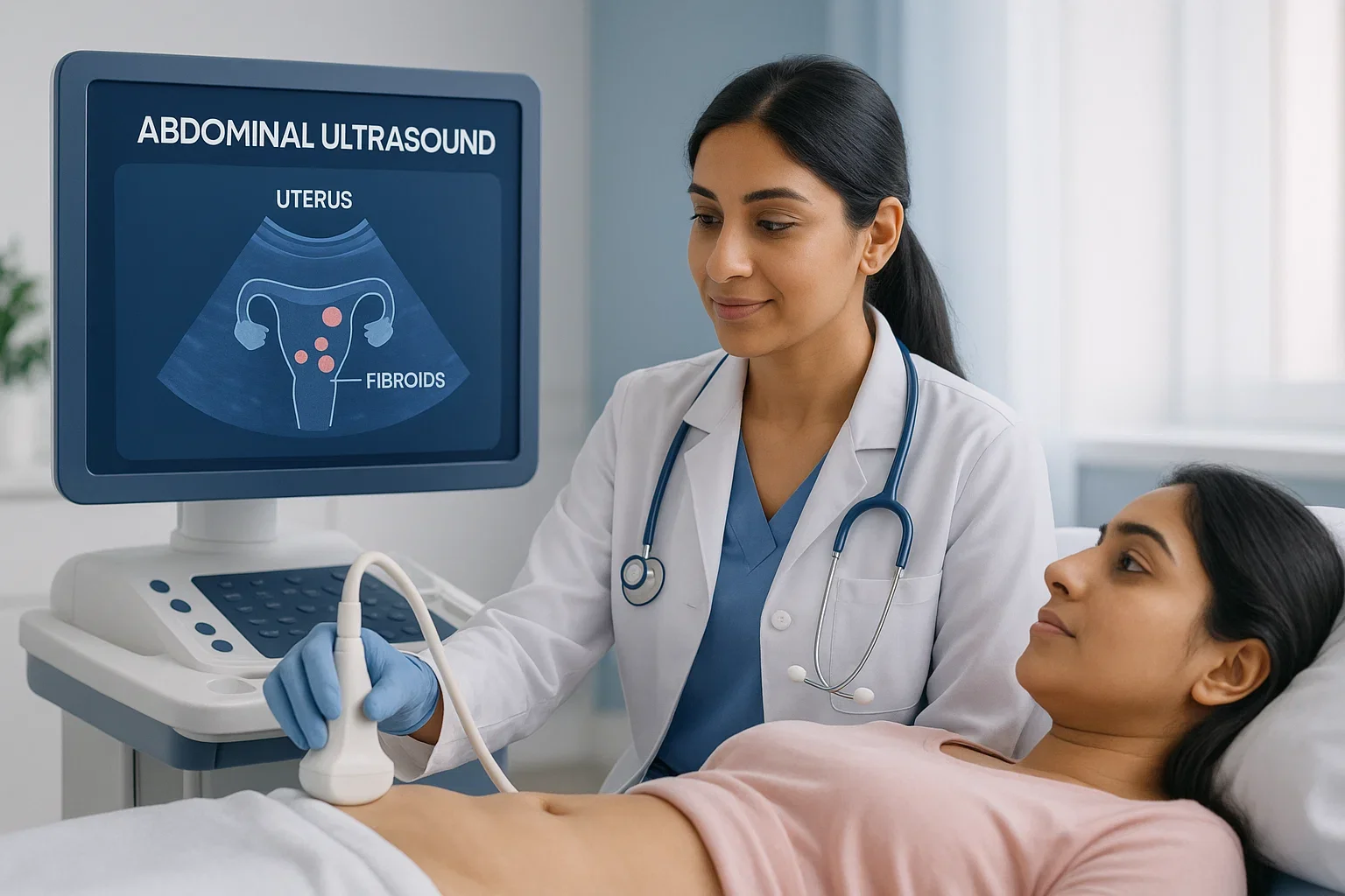 Doctor conducting an ultrasound scan where the monitor shows highlighted fibroids in the uterus.