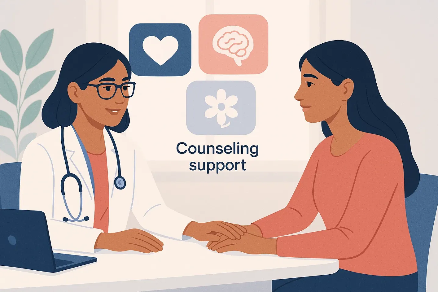 Doctor providing counseling support for a woman with endometriosis, representing Mayflower’s integrated care for physical and emotional health.