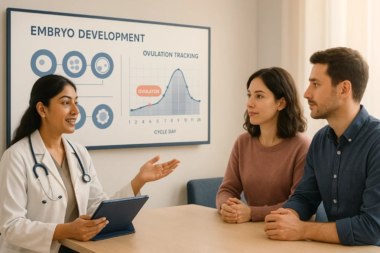 Fertility specialist explaining endometriosis and fertility solutions with embryo diagram and ovulation chart in a calm consultation setting.