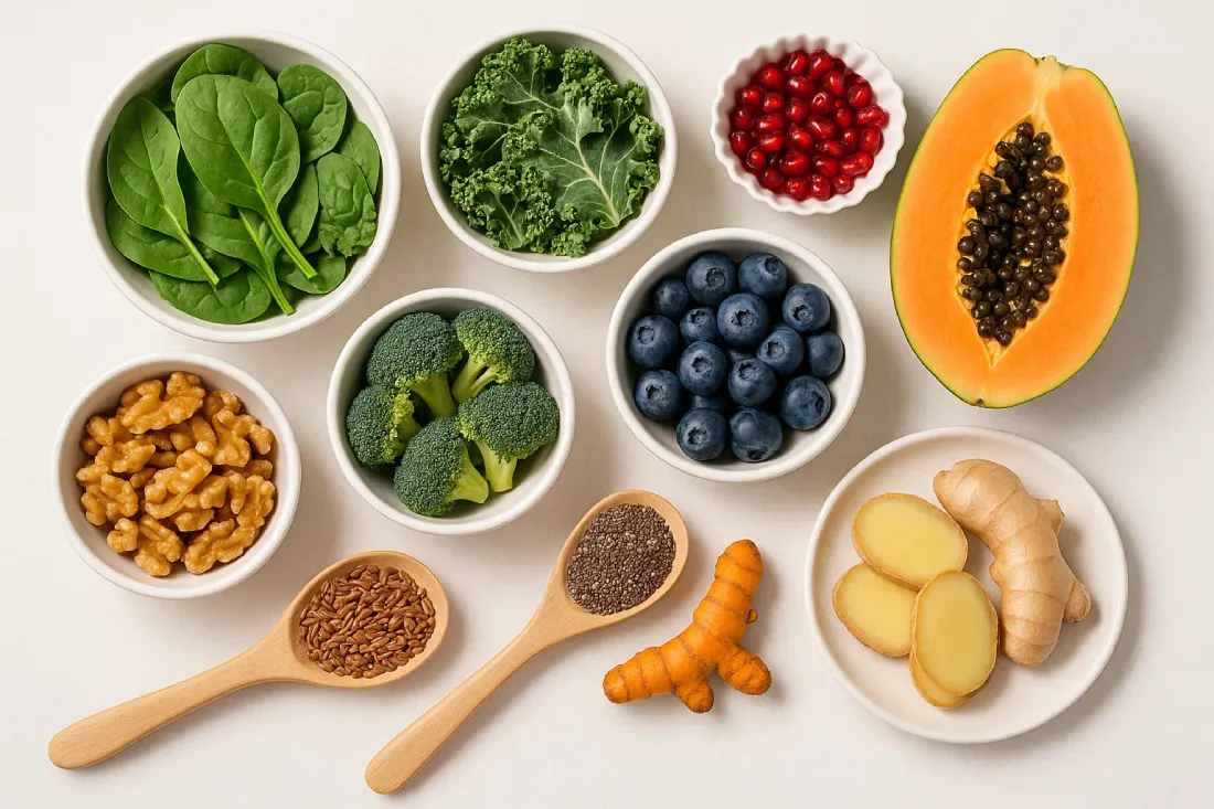 Flat lay of vegetarian anti-inflammatory foods like spinach, berries, flaxseeds, turmeric, and ginger for endometriosis diet.