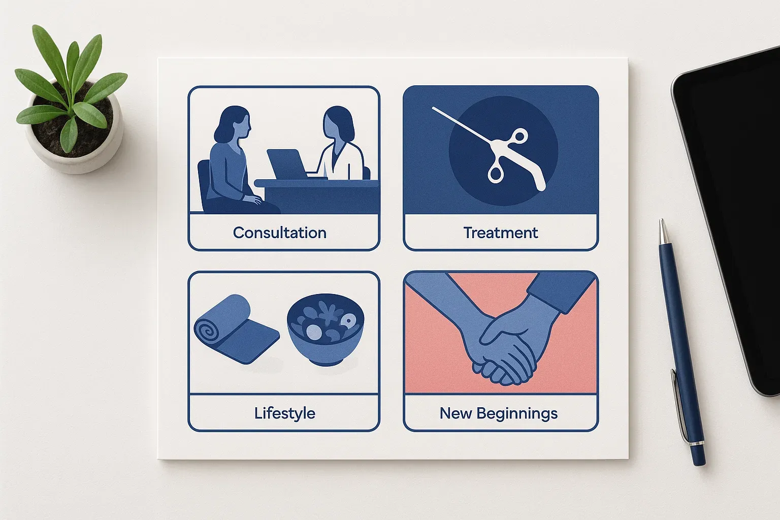 Four-panel storyboard illustrating consultation, treatment, lifestyle support, and new beginnings after endometriosis care.