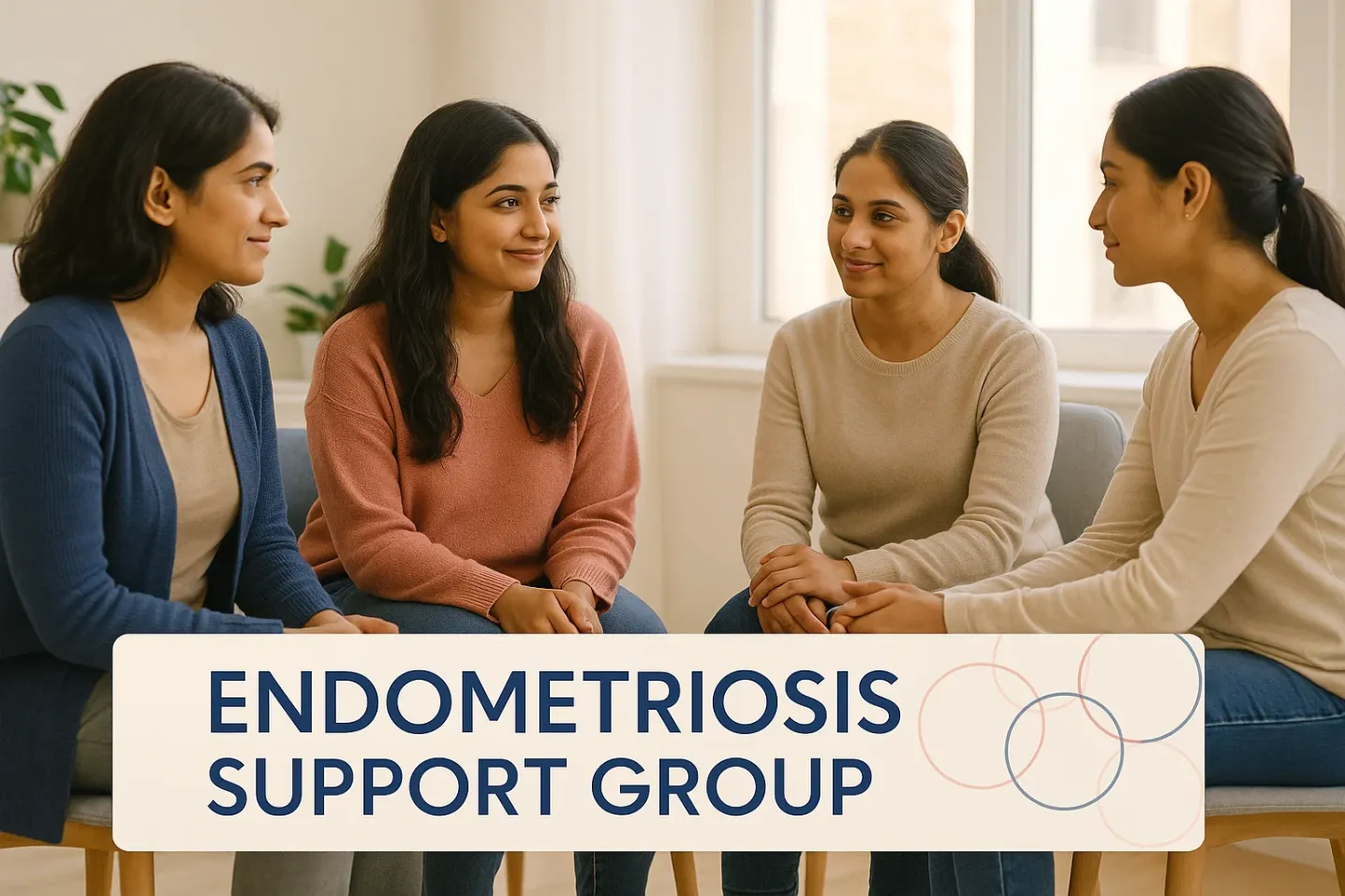 Group of women sitting together in discussion, symbolizing endometriosis support groups and peer connection.