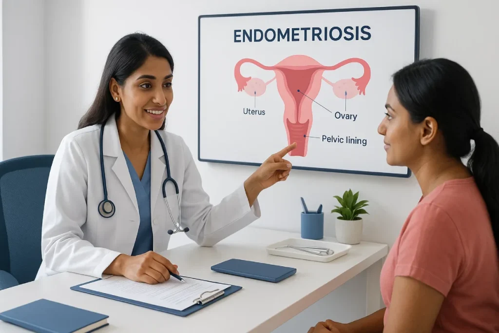 Gynecologist consulting a young woman with endometriosis diagrams on a screen in a calm, modern clinic.