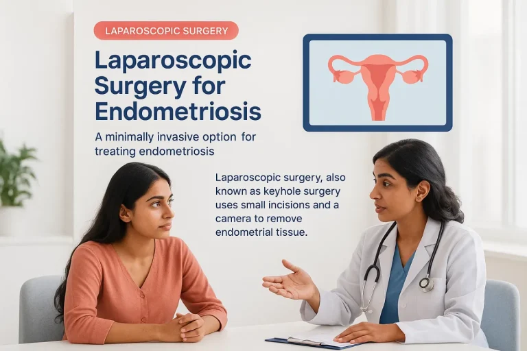 Gynecologist explaining laparoscopic surgery for endometriosis to a patient in a bright consultation room with a supportive atmosphere.