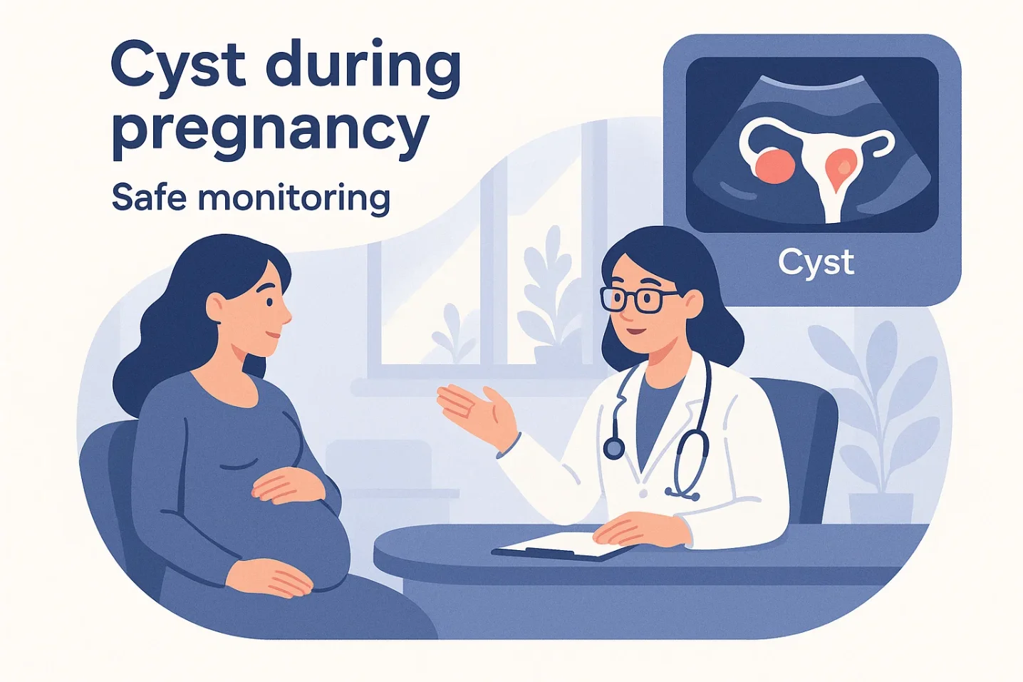 Illustration of a pregnant woman consulting a gynecologist with ultrasound highlighting an ovarian cyst during pregnancy.