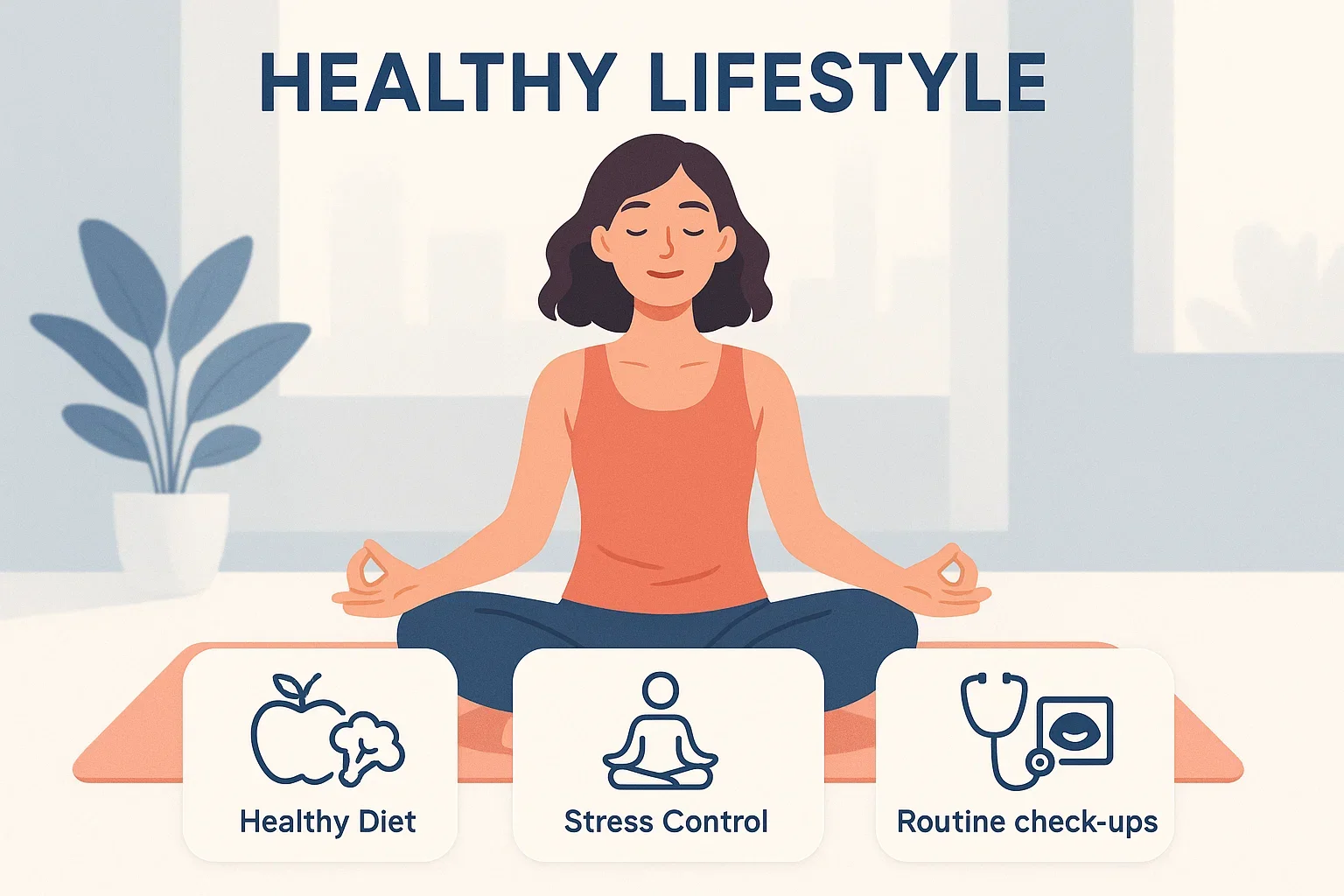 Illustration of a woman practicing yoga with icons for healthy diet, stress management, and routine gynecological check-ups for ovarian cyst care.