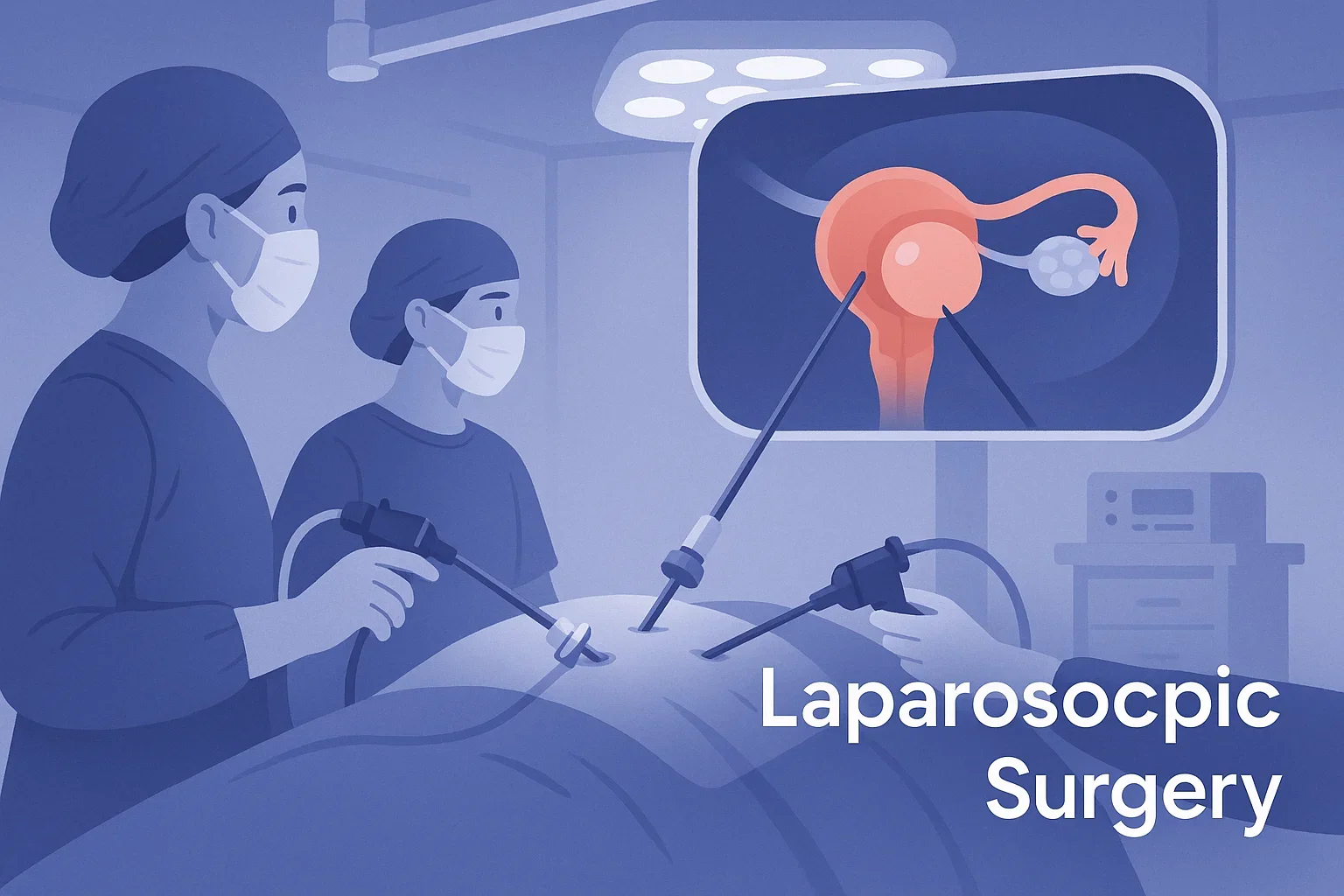 Illustration of laparoscopic surgery setup for ovarian cyst removal in a modern hospital setting.