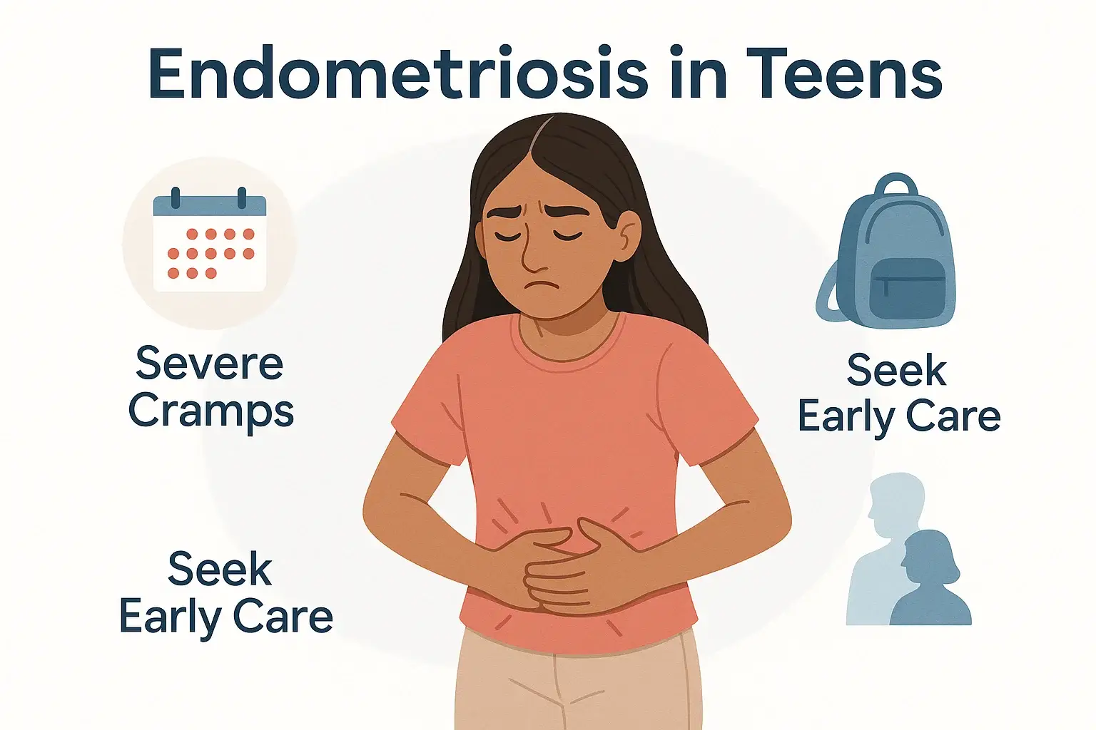 Illustration showing teen experiencing symptoms of endometriosis with supportive care context.
