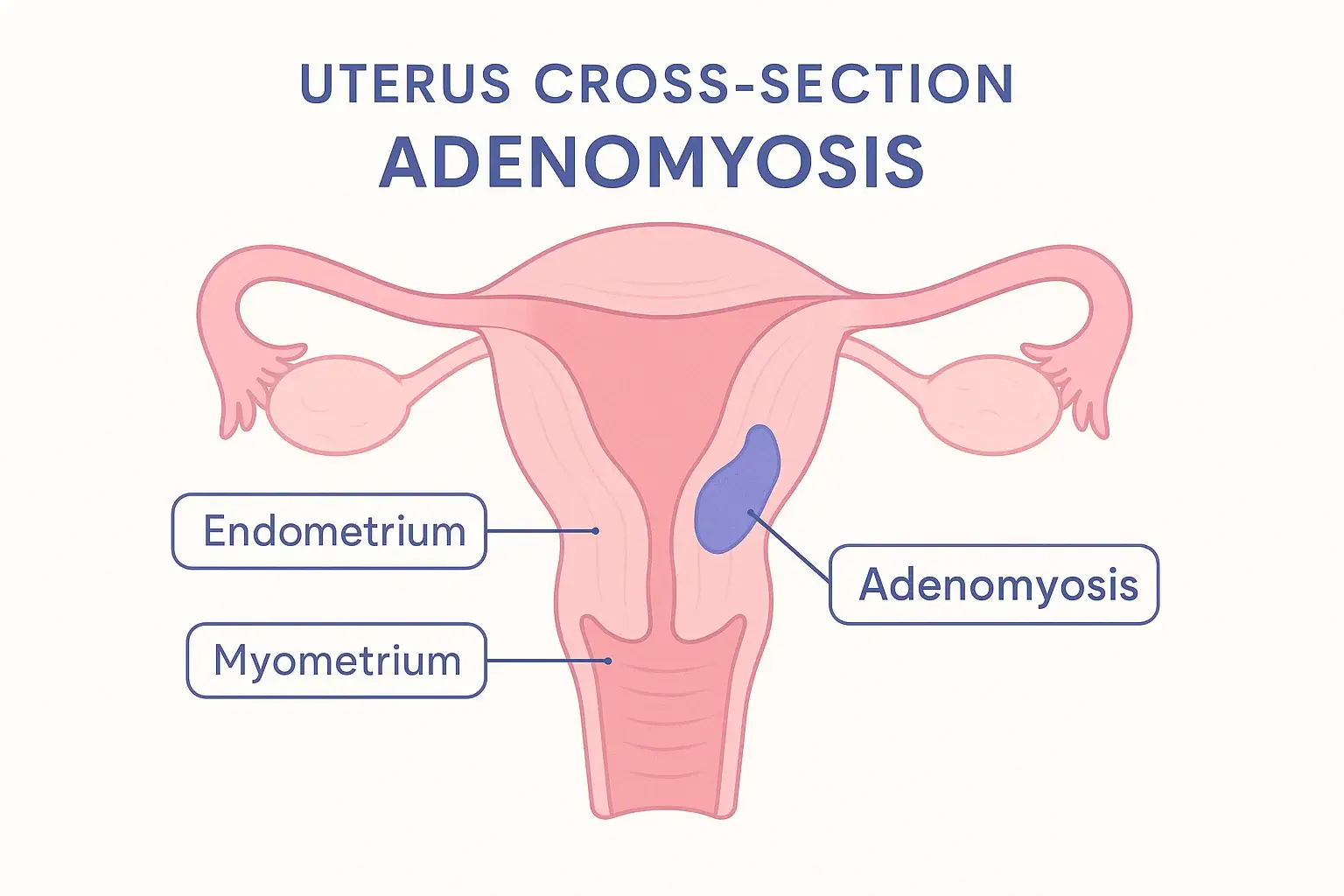Illustration shows adenomyosis tissue locations in the uterus.
