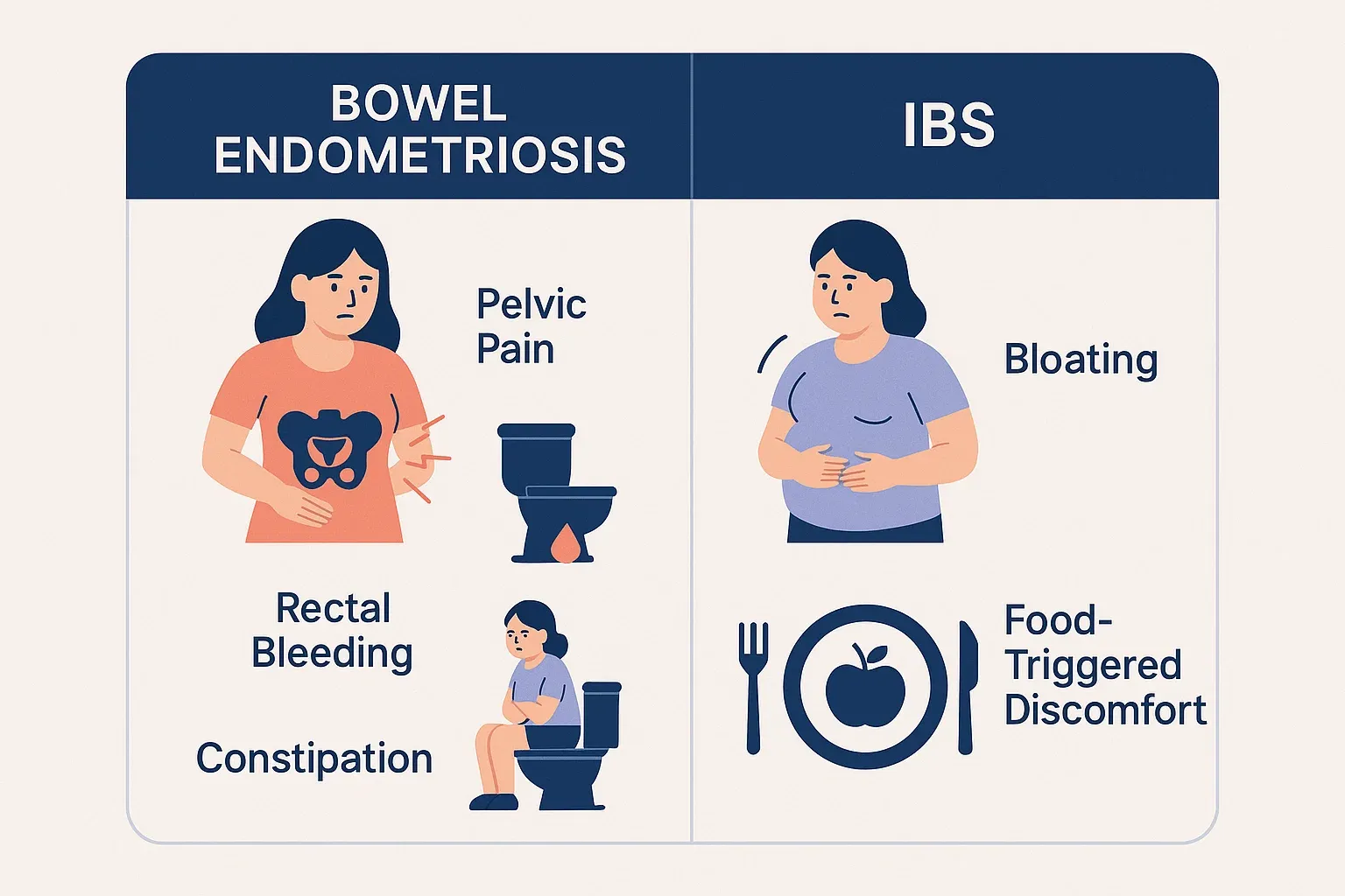 Infographic comparing bowel endometriosis symptoms with irritable bowel syndrome.
