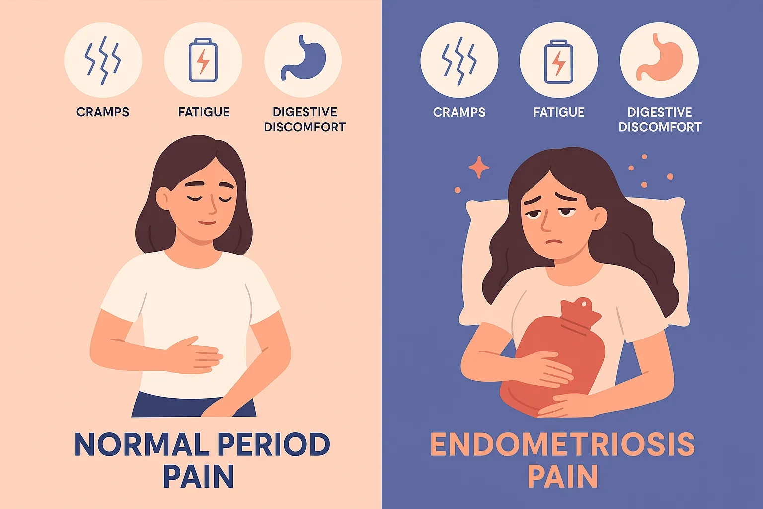 Infographic comparing normal period cramps with endometriosis pain, highlighting differences in severity and impact on daily life.