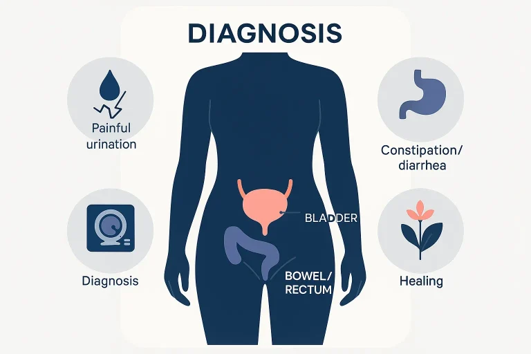 Infographic of a female pelvic silhouette highlighting bladder and bowel, with icons showing painful urination, bowel issues, diagnosis, and healing for endometriosis.