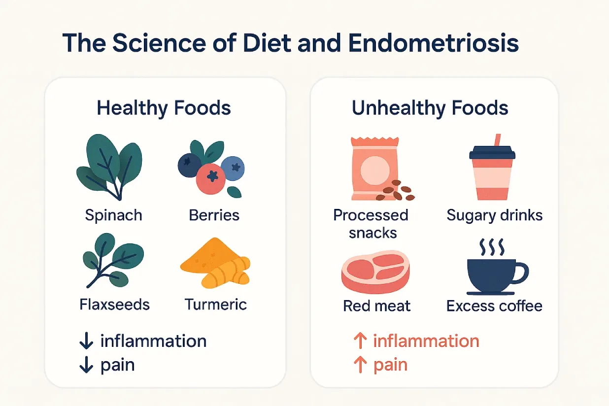 Infographic showing how healthy foods reduce inflammation while processed foods increase pain in endometriosis.