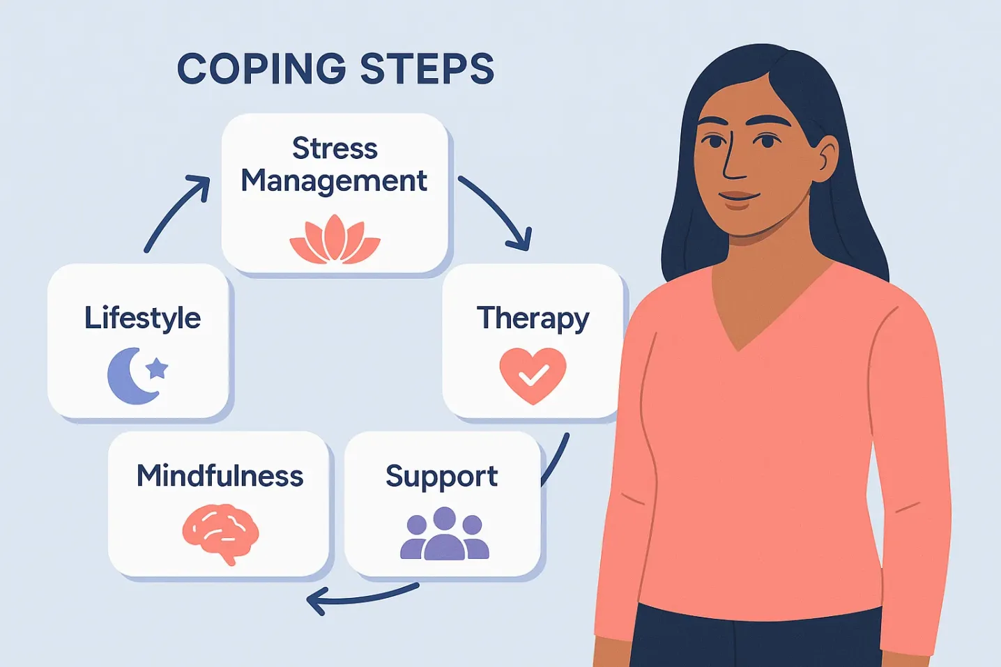 Infographic-style illustration showing 5 steps to coping with endometriosis: stress management, therapy, support, mindfulness, and lifestyle, symbolizing a structured framework for resilience.