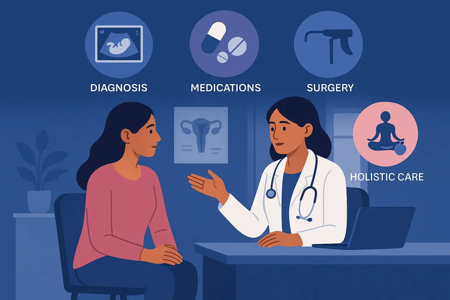 Gynecologist at Mayflower Hospital consulting a woman, with icons representing diagnosis, medications, surgery, yoga, and diet as part of comprehensive endometriosis pain relief.