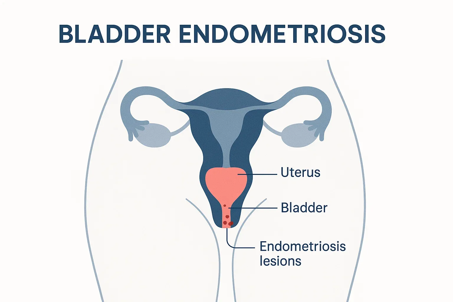 Medical diagram highlighting bladder endometriosis lesions in the female pelvis.