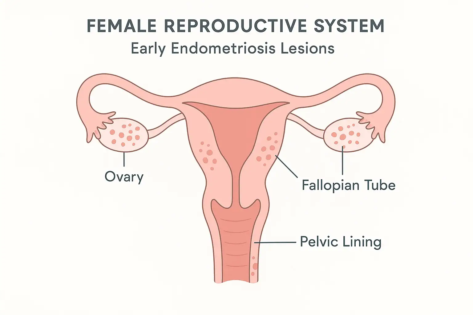 Medical illustration of the uterus and ovaries highlighting early endometriosis lesions for awareness in young women.
