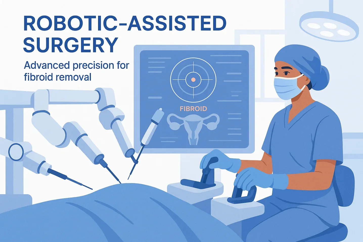 Robotic-assisted surgical system in a hospital representing latest advances in fibroid treatment.