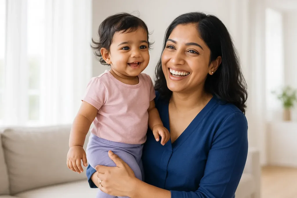Smiling woman joyfully holding her child at home, symbolizing a successful recovery and positive outcome after endometriosis treatment.