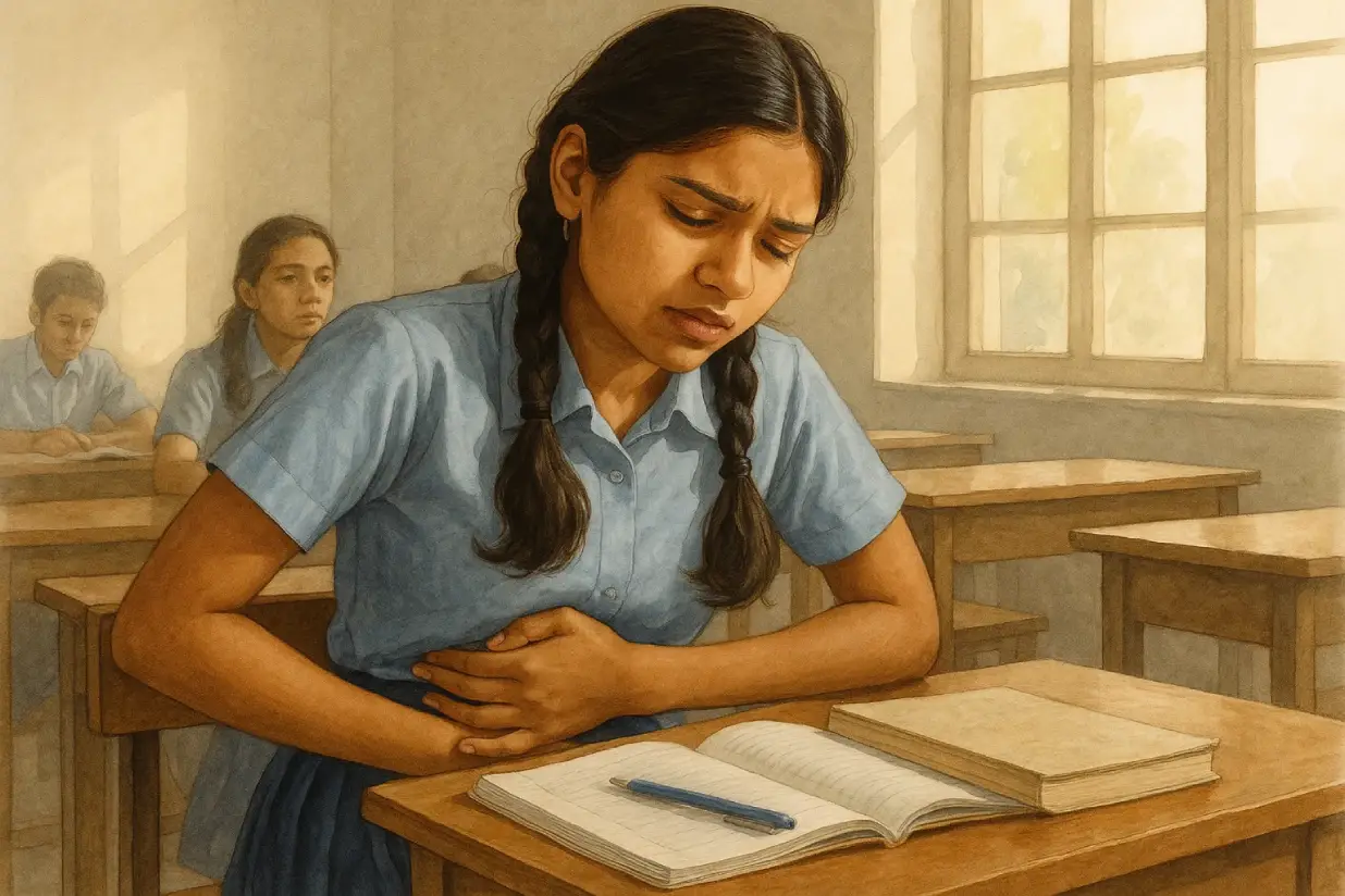 Teenage girl in a classroom holding her stomach in mild discomfort, representing painful periods as an early sign of endometriosis.