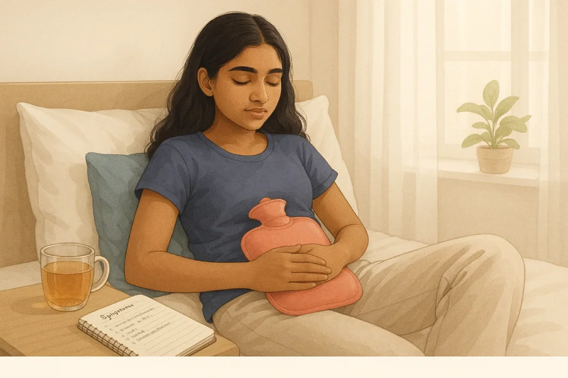 Teenage girl using a hot water bag and diary at home to manage early signs of endometriosis, representing practical lifestyle coping methods.