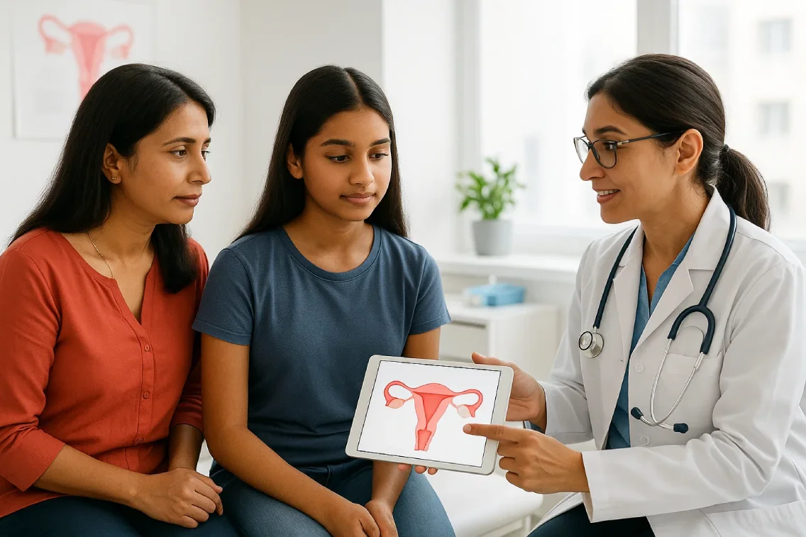 Teenage girl with her mother consulting a female gynecologist who explains endometriosis with a digital diagram, representing Mayflower’s expertise in early diagnosis and care.