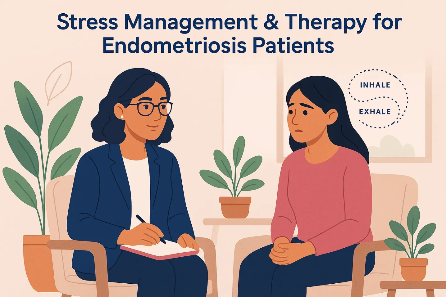 Therapist guiding a woman through stress management therapy for endometriosis in a supportive clinical environment.