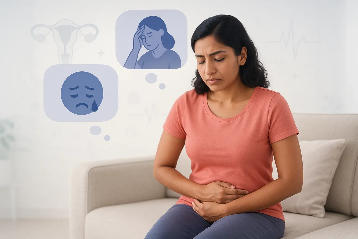 Woman holding abdomen with thought-cloud overlays, symbolizing the emotional impact of endometriosis including anxiety, stress, and depression.