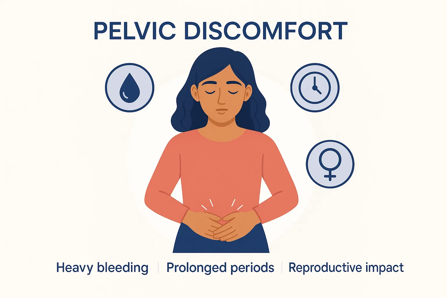 Woman holding her abdomen with icons representing heavy bleeding, prolonged periods, and reproductive issues caused by fibroids.