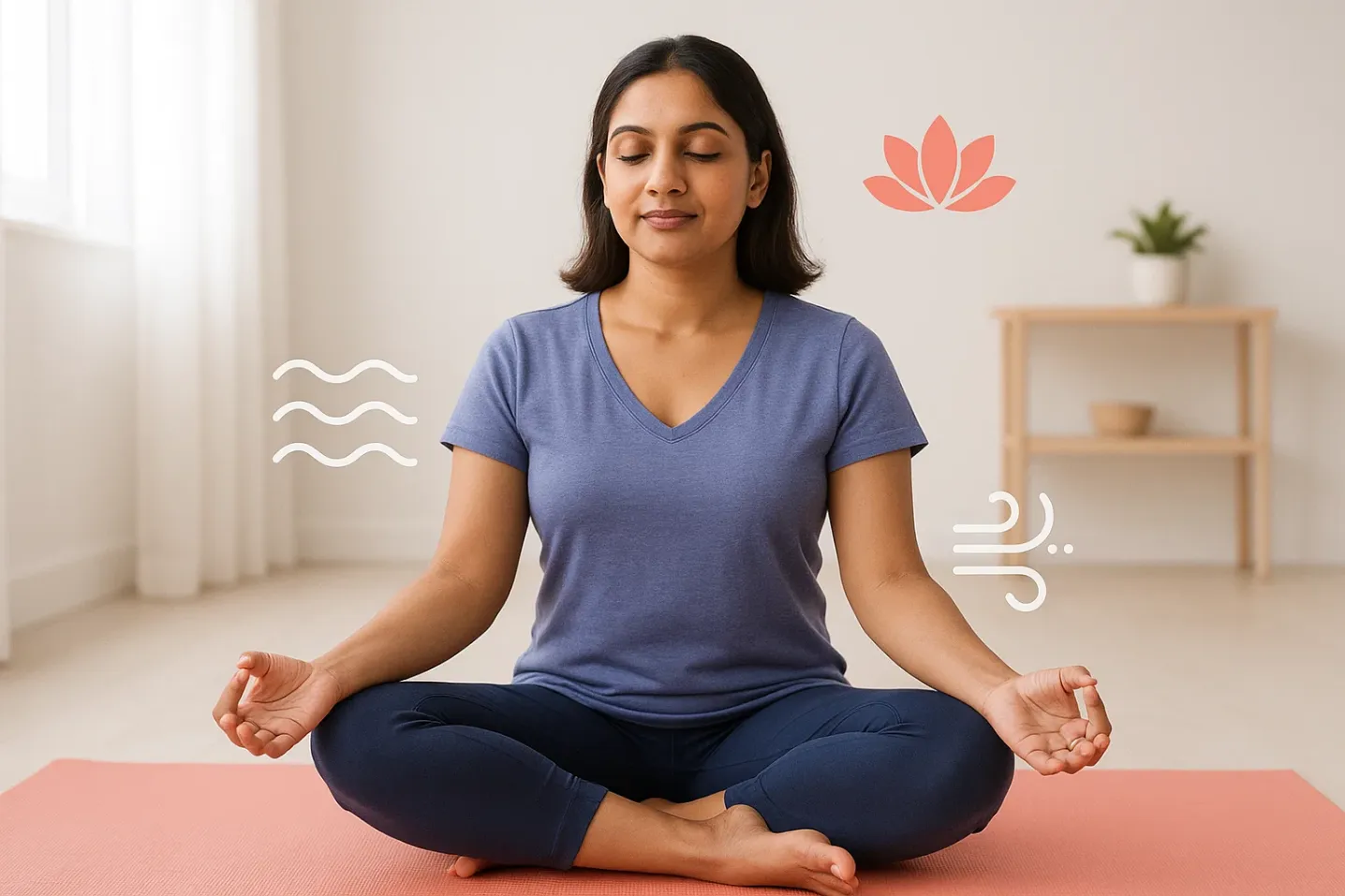 Woman practicing yoga and mindfulness in a bright calm room, representing meditation and stress relief for endometriosis.