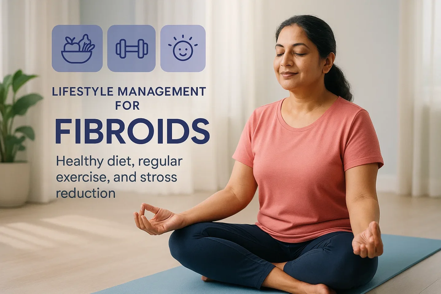 Woman practicing yoga with icons of healthy diet, exercise, and stress relief, representing lifestyle management for fibroids.