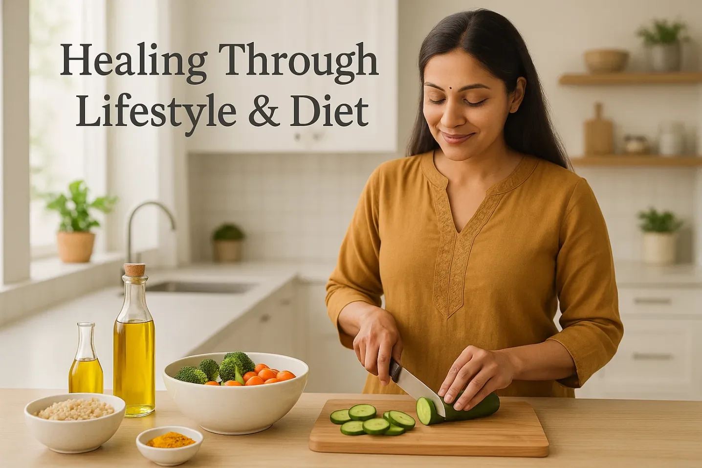 Woman preparing a healthy anti-inflammatory meal for endometriosis diet management.