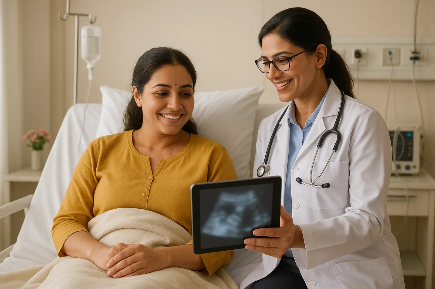 Woman sitting comfortably on a hospital bed with her doctor showing recovery scans, symbolizing successful laparoscopic treatment for endometriosis.