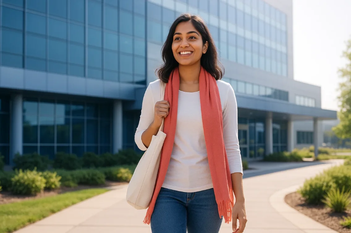 Young woman smiling confidently after endometriosis recovery, walking outside a modern hospital with sunlight, symbolizing trust and long-term relief.