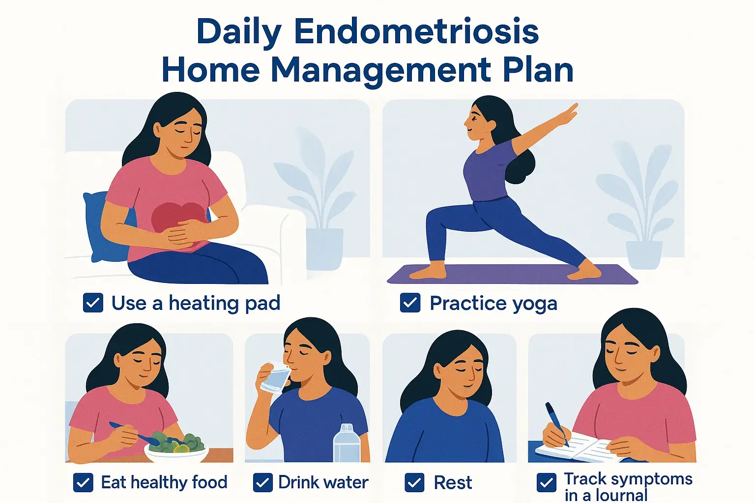 Infographic of daily home pain management plan for endometriosis, with visuals of heat therapy, yoga, healthy food, hydration, rest, stress relief, and symptom tracking.