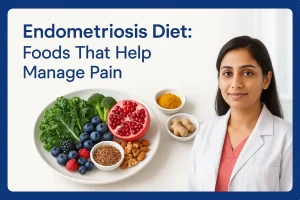 Vegetarian anti-inflammatory foods like greens, berries, seeds, and turmeric with soft hospital branding for endometriosis diet.