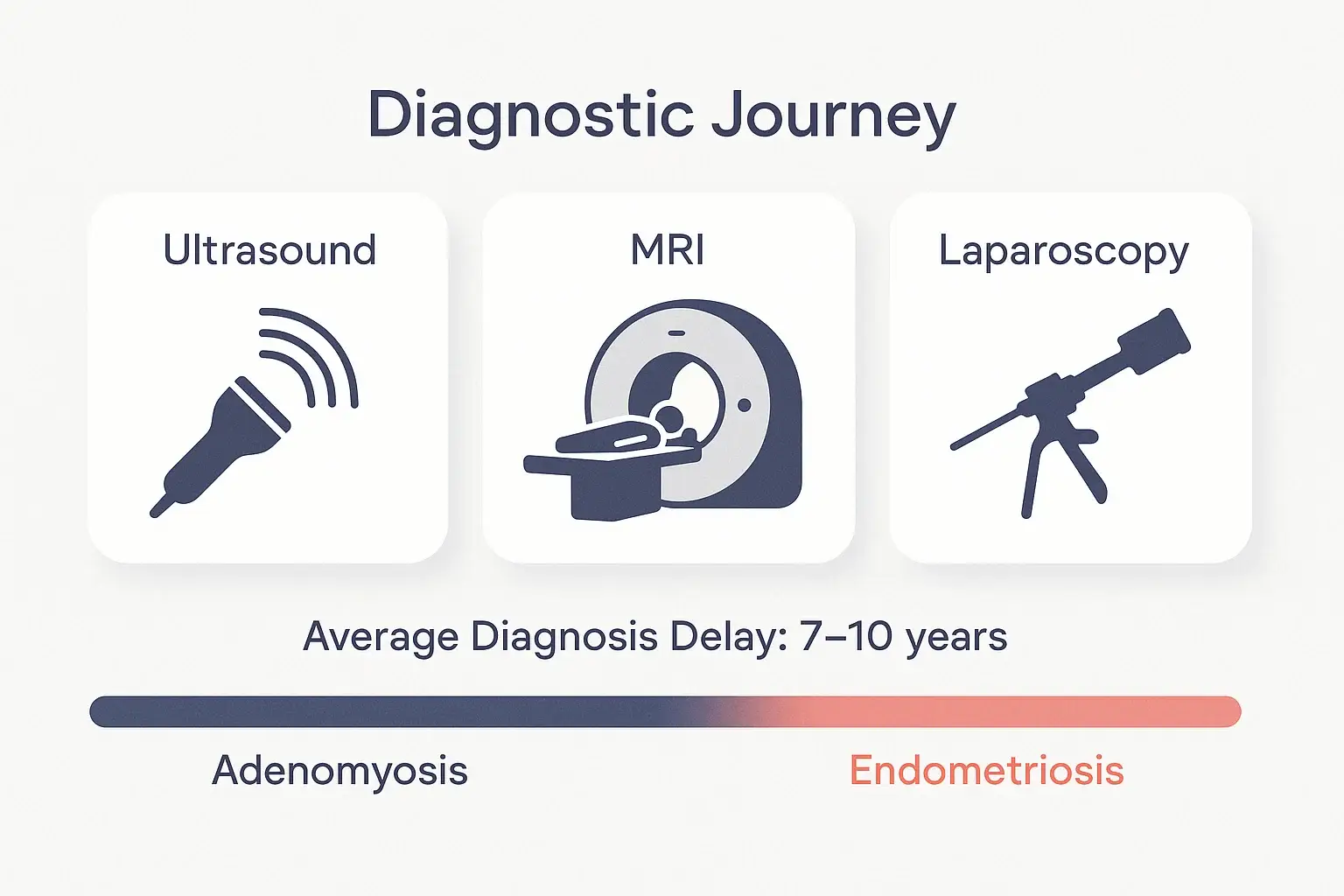 Infographic showing diagnostic tools and delays in diagnosing endometriosis and adenomyosis.