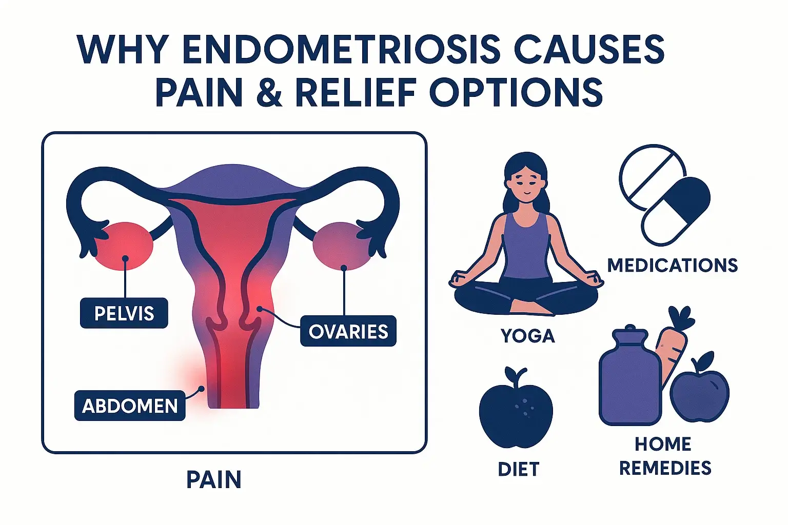 Infographic-style cover image showing endometriosis pain management tips with icons for medications, yoga, diet, home remedies, and doctor consultation.