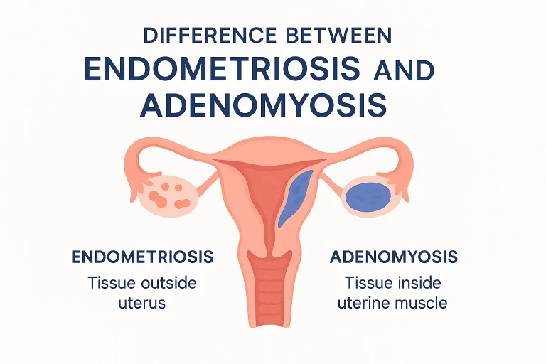 Featured medical illustration showing difference between endometriosis and adenomyosis.