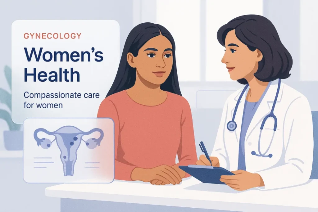 Featured image showing a woman consulting a gynecologist with uterus and fibroid medical graphics, symbolizing fibroid awareness and care.