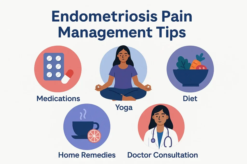 Infographic-style cover image showing endometriosis pain management tips with icons for medications, yoga, diet, home remedies, and doctor consultation.