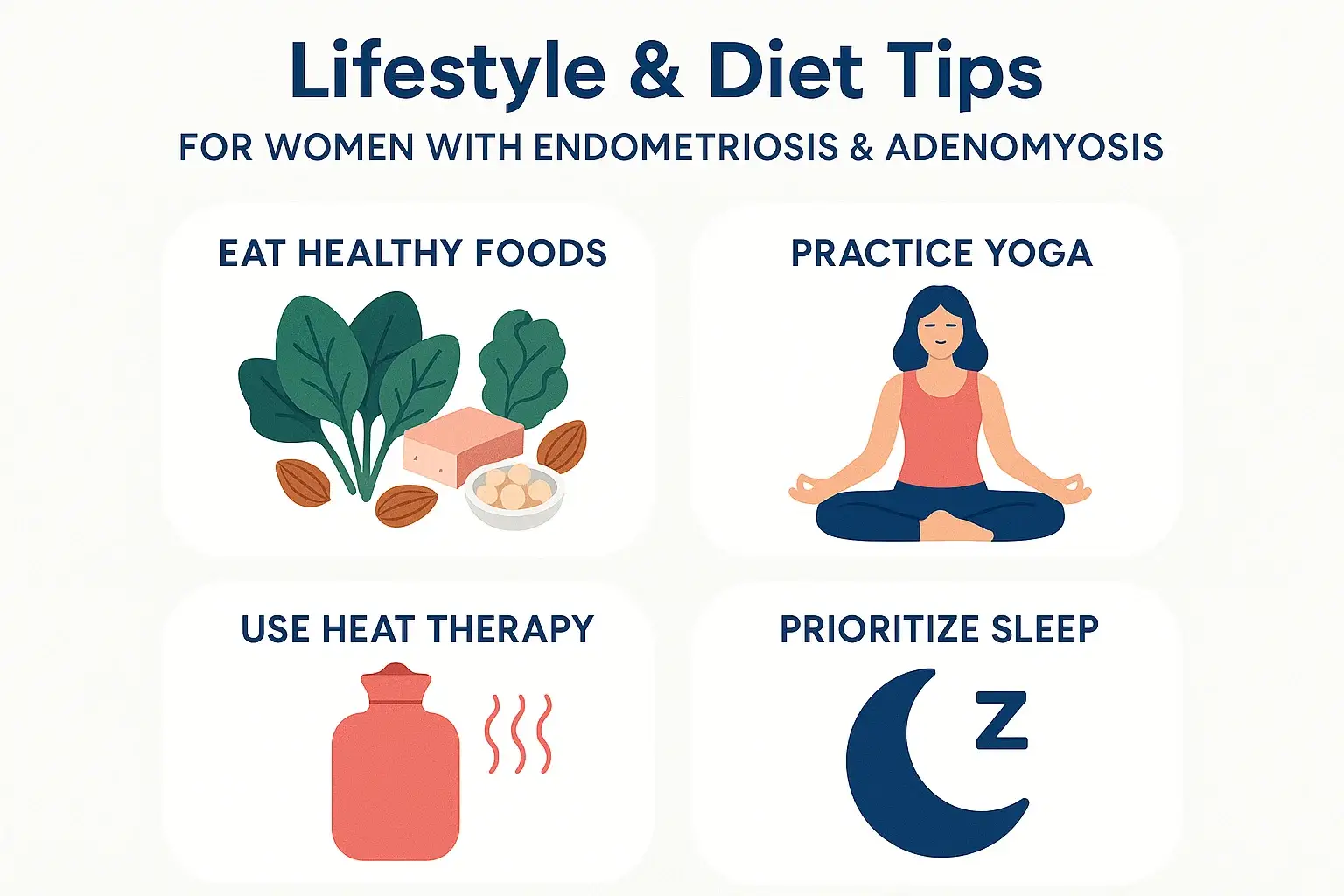 Infographic showing diet and lifestyle tips for managing endometriosis and adenomyosis symptoms.