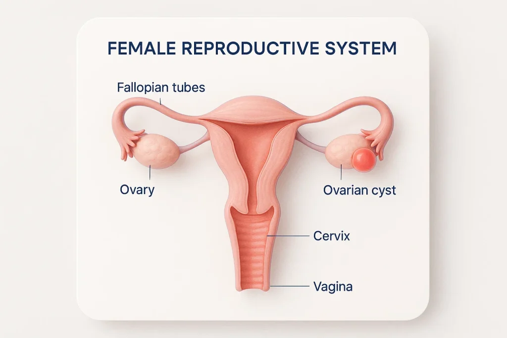 Featured medical illustration showing ovaries with a highlighted ovarian cyst, designed for patient education.
