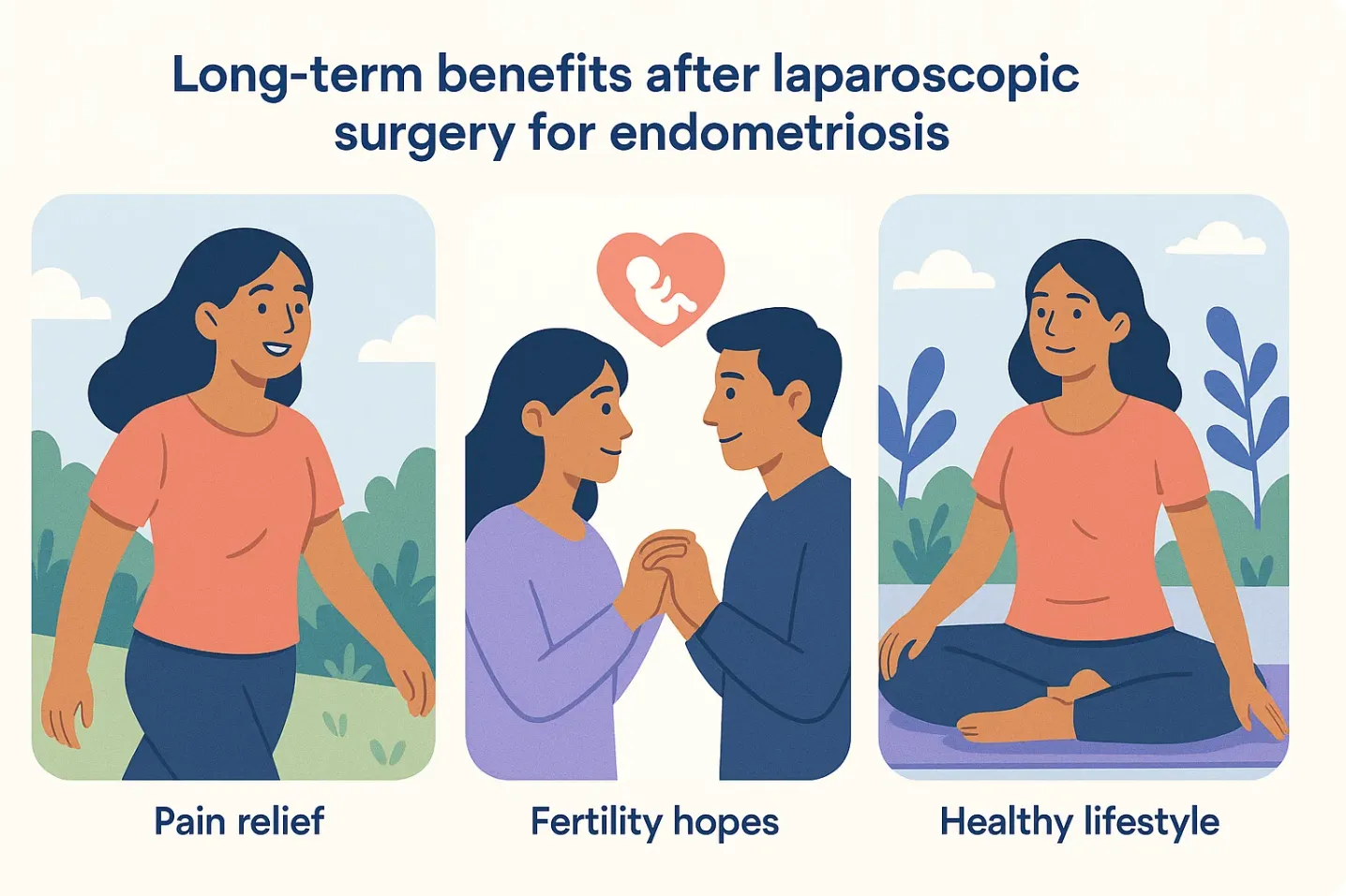 Illustration showing positive outcomes after laparoscopic surgery for endometriosis: pain-free daily life, improved fertility hopes, and healthy lifestyle.